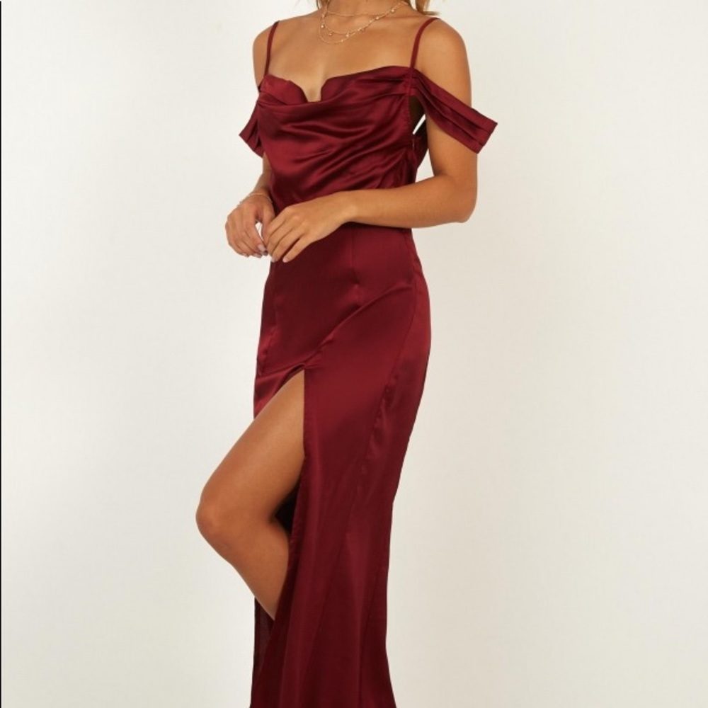 Wine Satin Cowl Neck Off the Shoulder Prom Dress